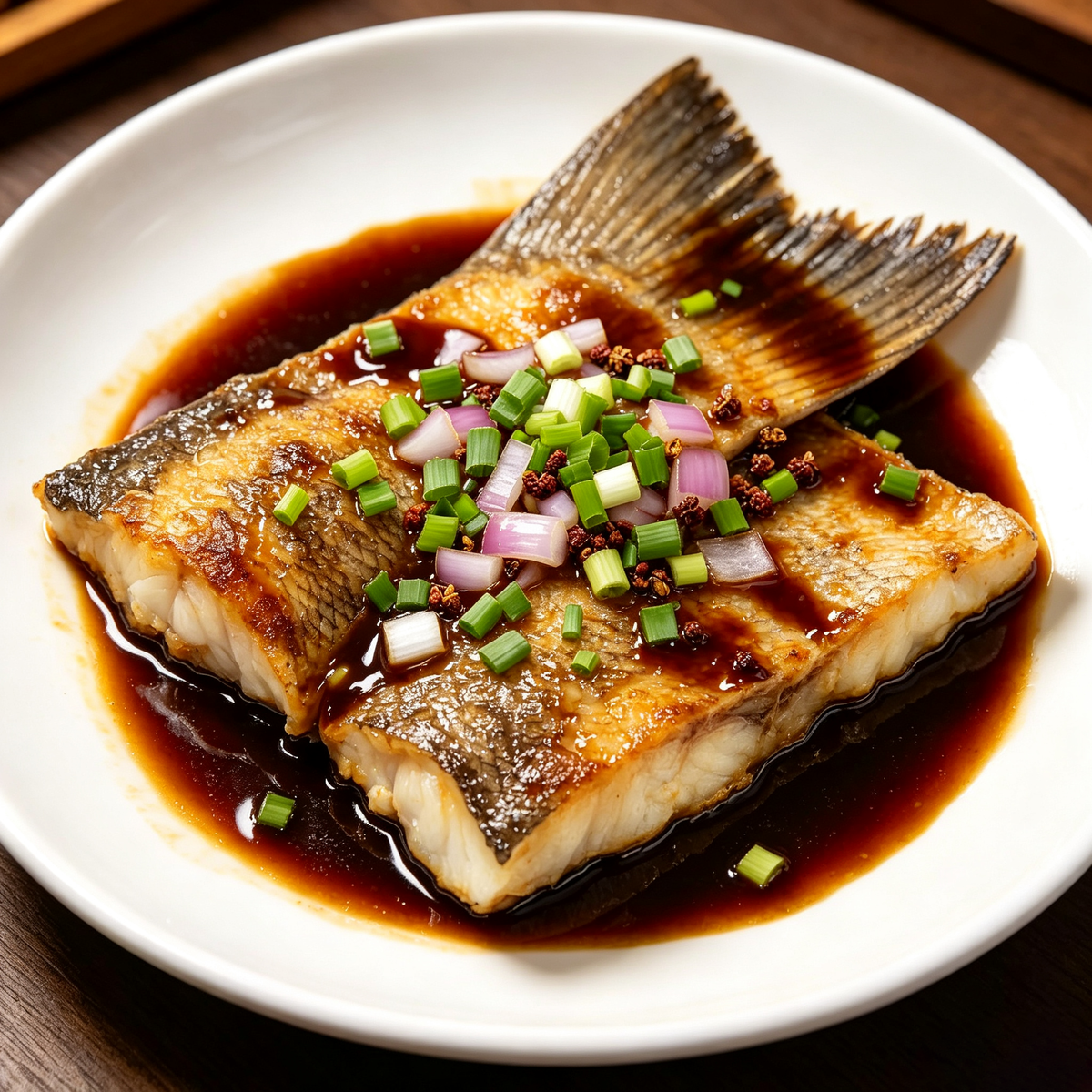 Close view of a cod tail showing pale fillet beside dark skin