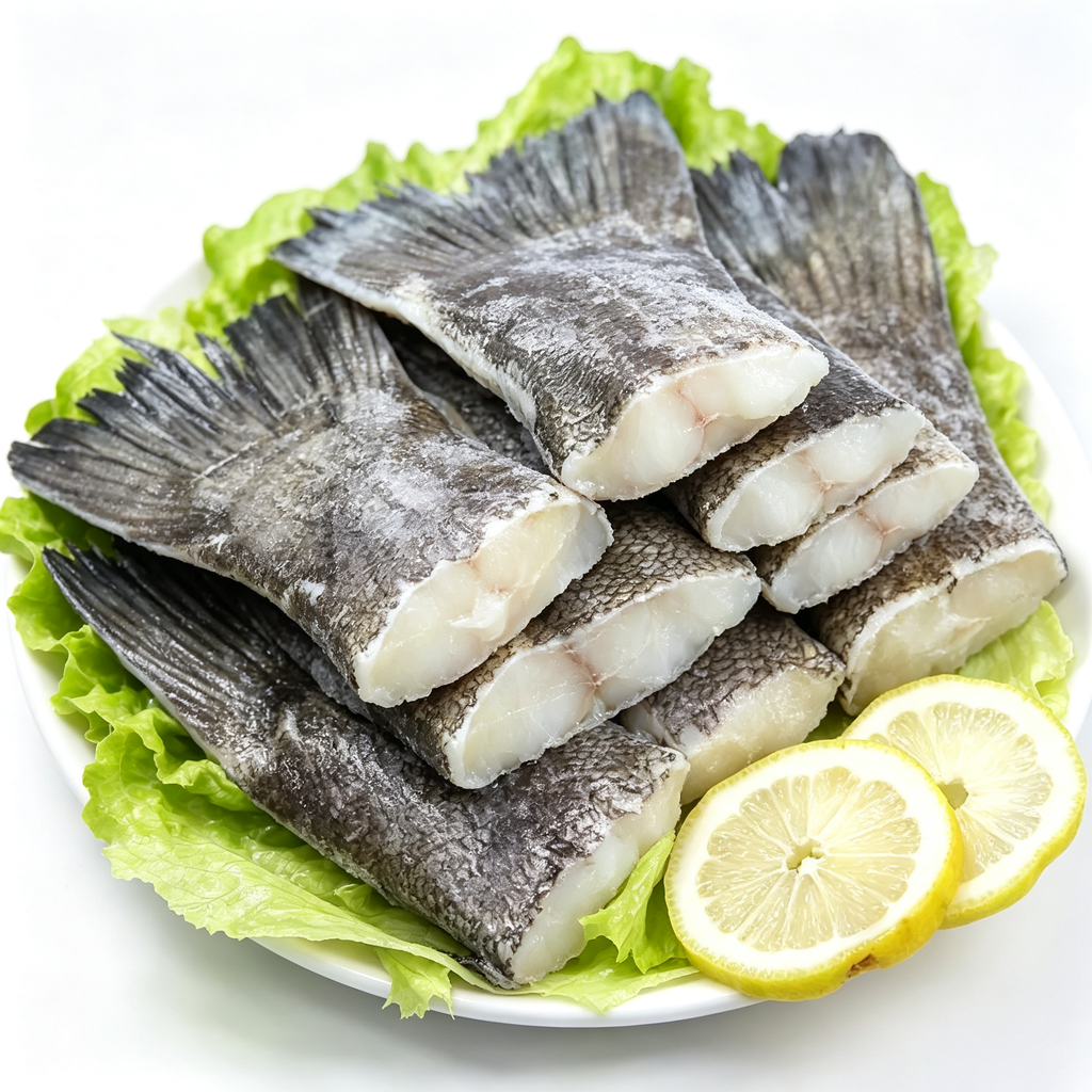 Cod tails photographed against a light, softly lit background