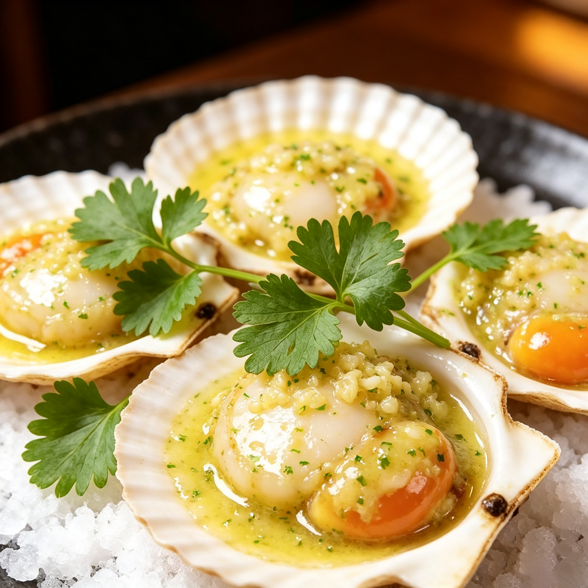 Scallop meat in warm golden tones on a light surface