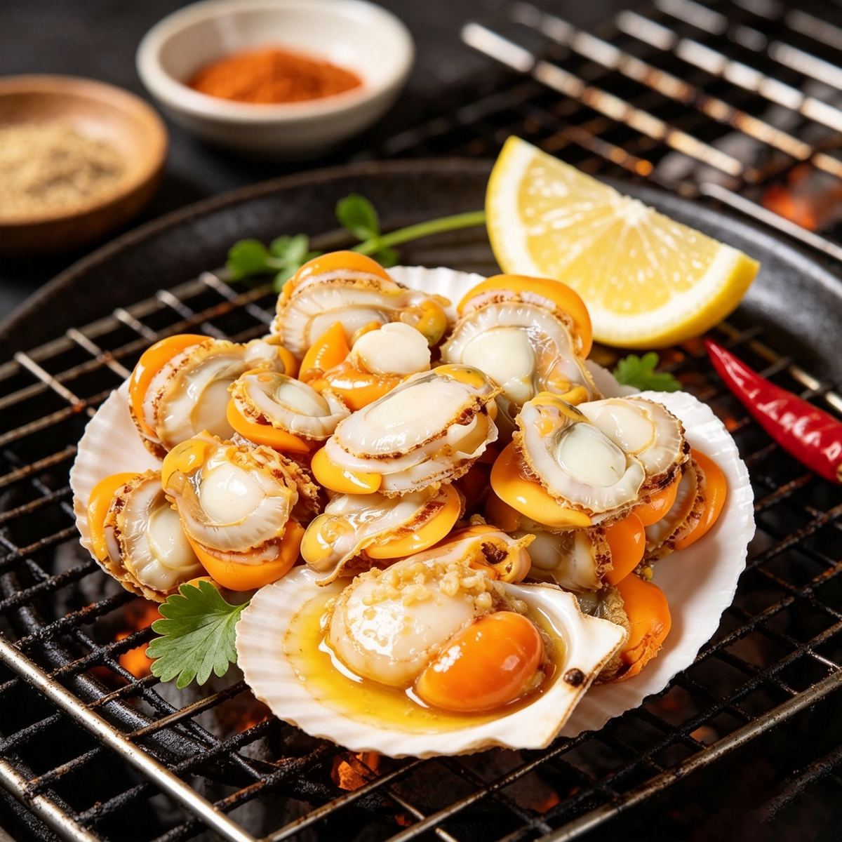 Close view of scallop meat against a dark background