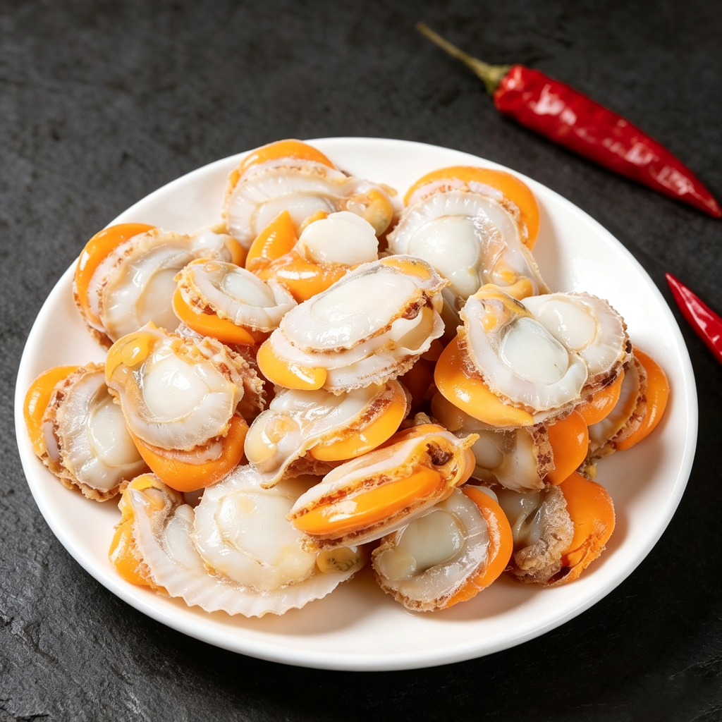 Scallop meat photographed in warm tones on a pale surface