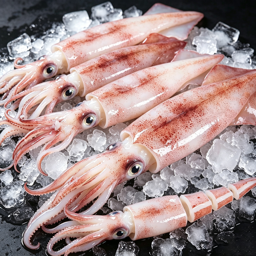 Cleaned whole squid arranged on a light surface