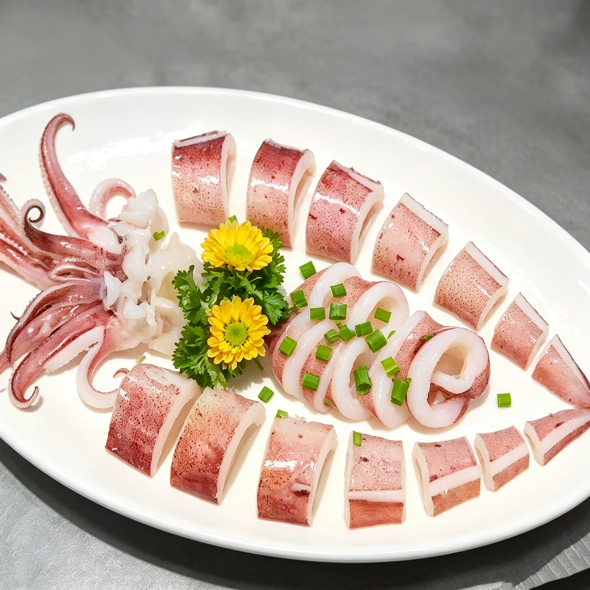 Cleaned squid on a pale, softly lit background