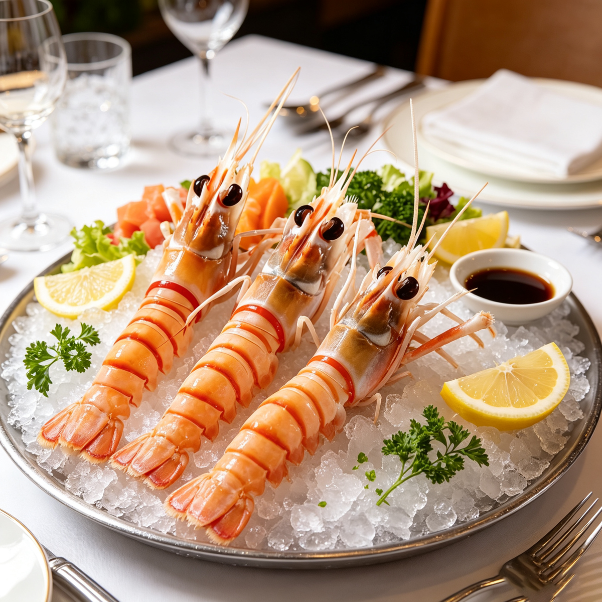 Whole langoustine scampi on a warm mid-tone surface