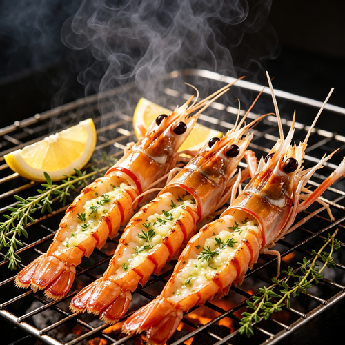 Close view of scampi shells against a dark background