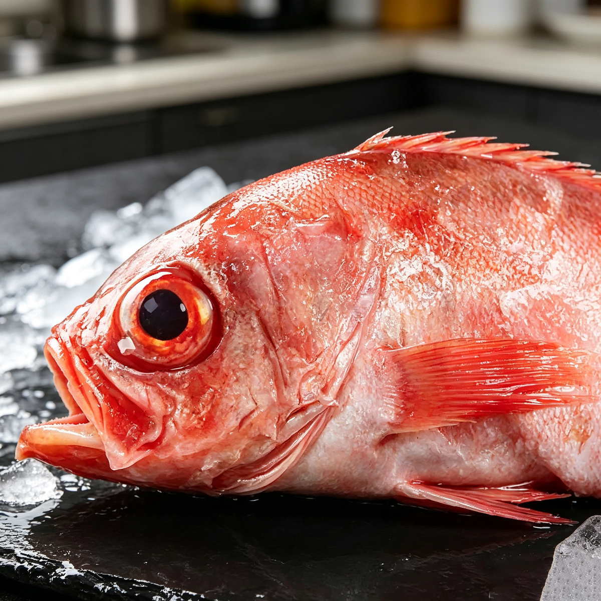 Head-on close view of a rockfish in deep red-orange tones