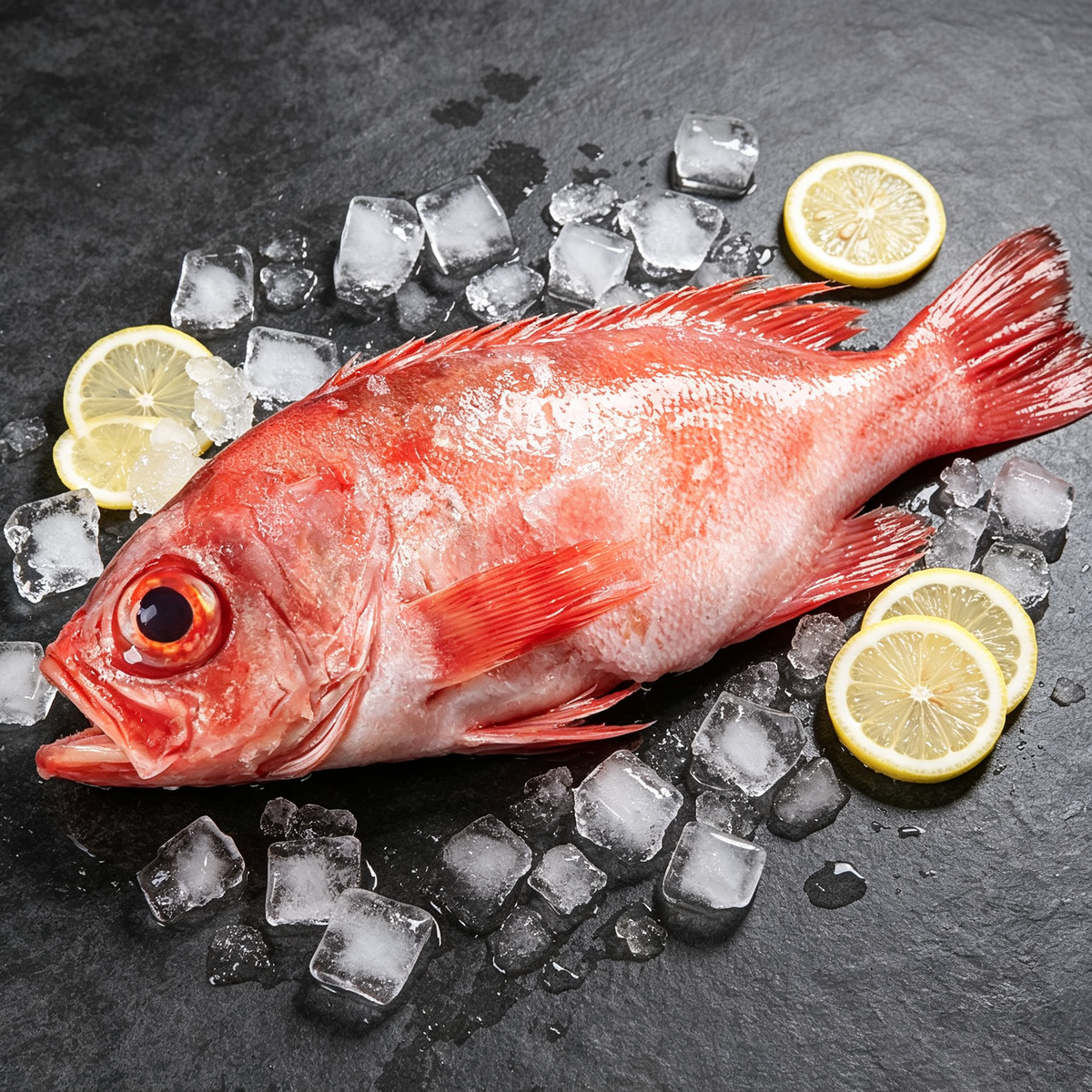 Whole red rockfish against a soft mid-tone background