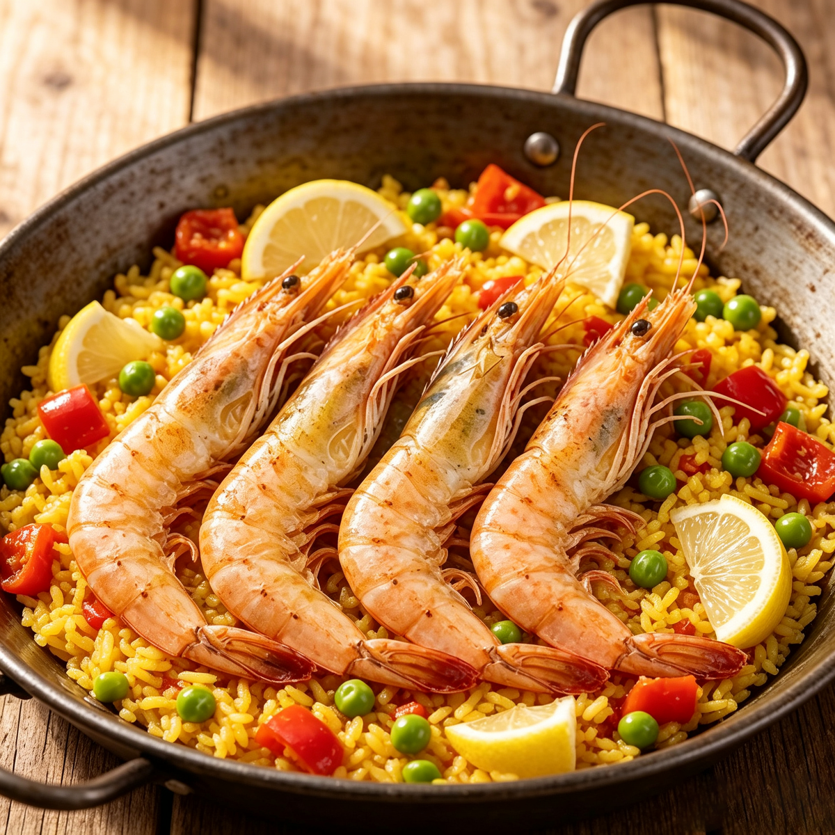 Whole shell-on prawns in strong orange-red tones