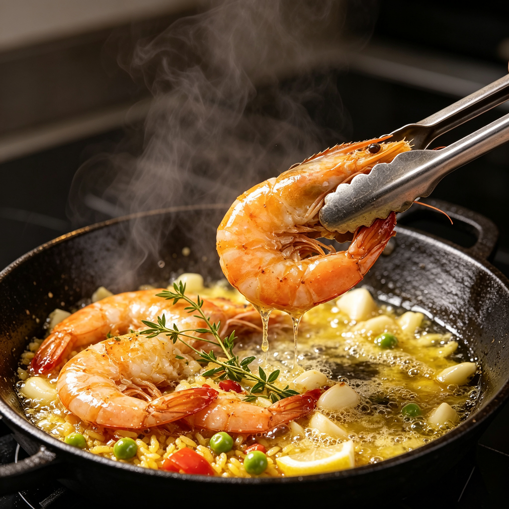 Close view of shell-on prawns against a dark background
