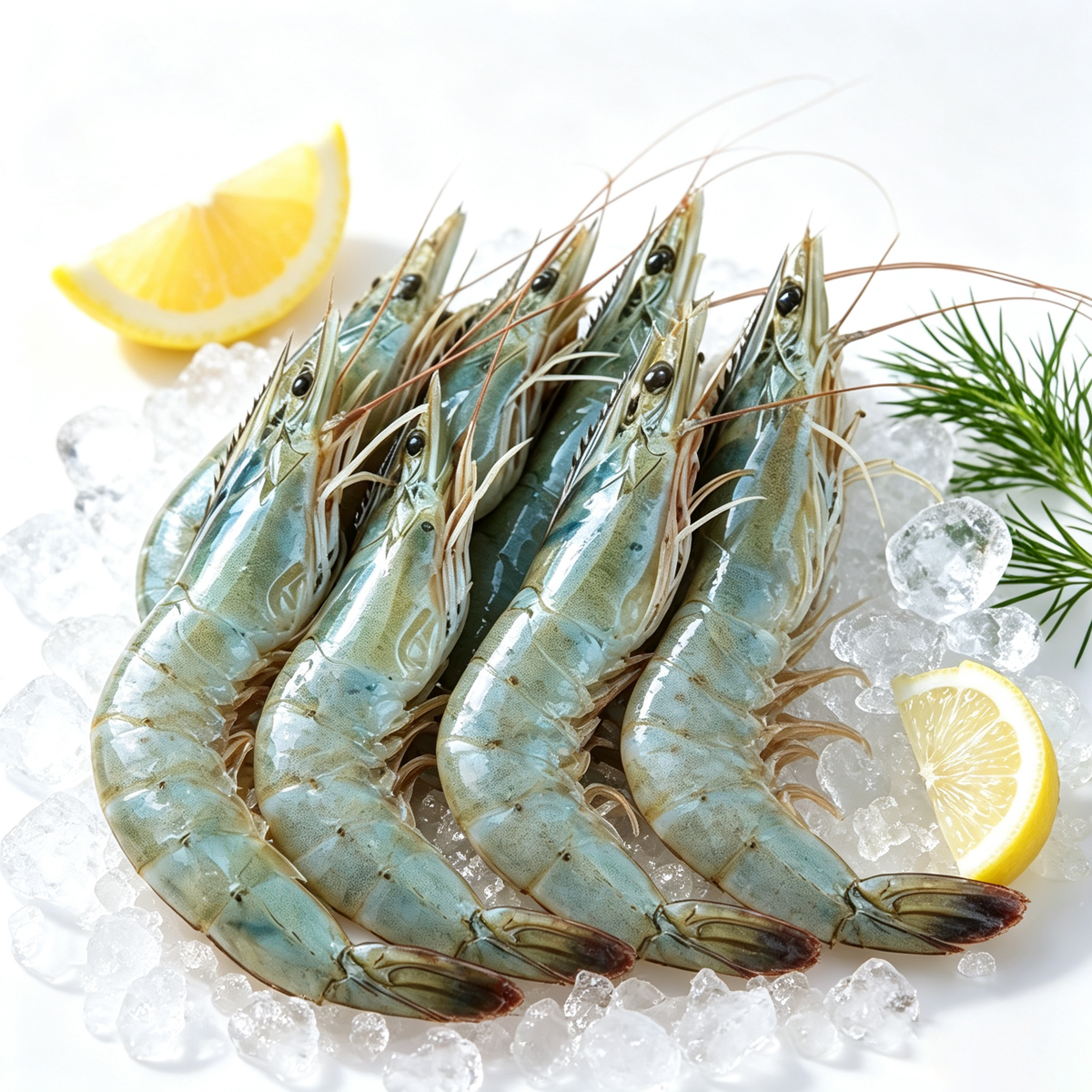 Shell-on prawns on a bright, neutral background