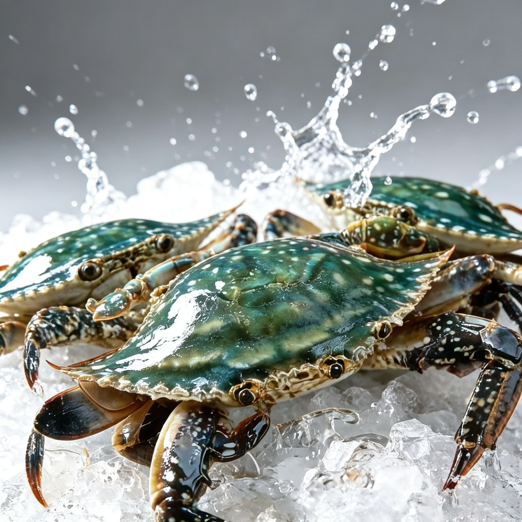 Whole swimming crab on a desaturated pale surface