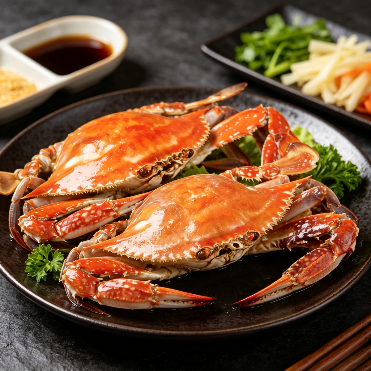 Close view of a crab against a dark background
